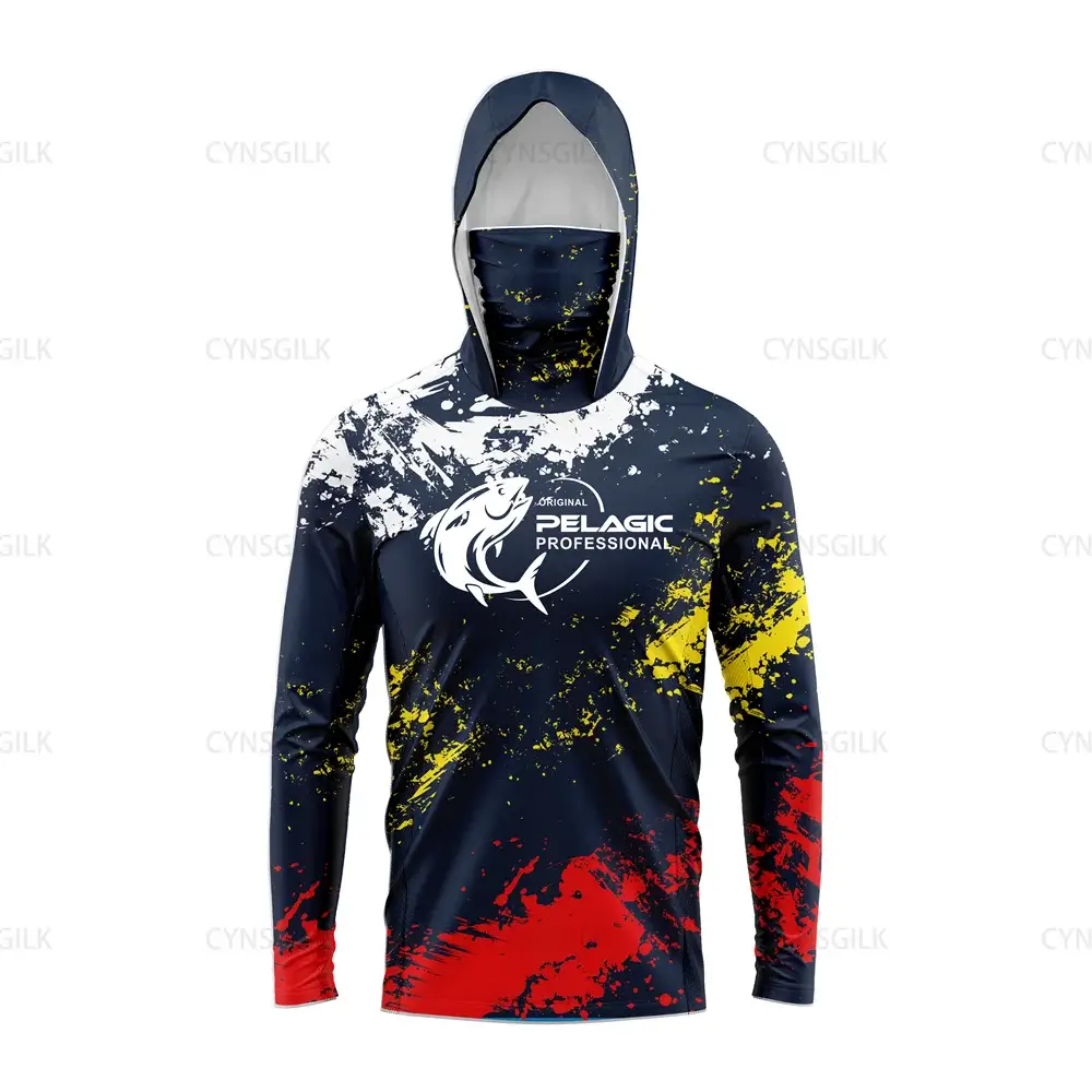 Original Pelagic Professional men's long-sleeve hood fishing shirt with UV protection and vibrant design.