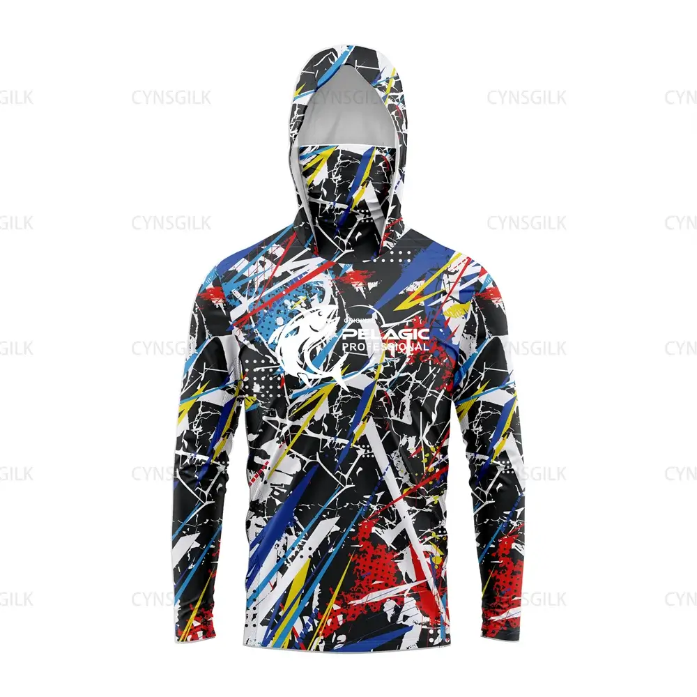 Original Pelagic Professional Men’s Hood Fishing Shirt featuring vibrant design and UV protection for anglers.
