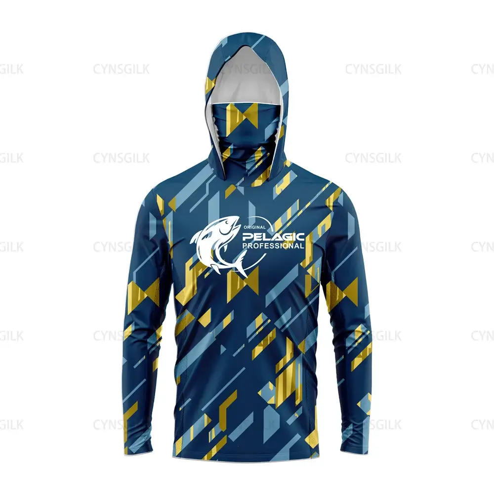 Men's Pelagic Professional Hooded Fishing Shirt in blue, designed for UV protection and comfort during fishing trips.