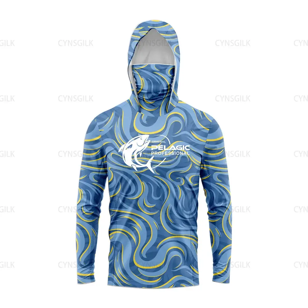 Original Pelagic Professional Men’s Hooded Fishing Shirt in blue ocean wave pattern, offering UV protection and comfort.
