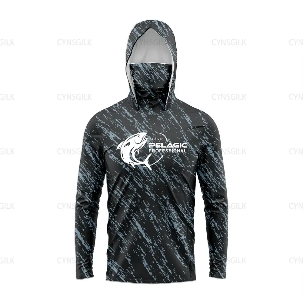 Original Pelagic Professional Men's Hooded Fishing Shirt in black and gray, featuring UV protection and moisture-wicking fabric.