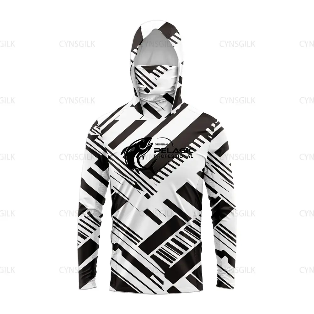 Original Pelagic Professional Men's Hooded Fishing Shirt with geometric black and white design, featuring UV protection and long sleeves.