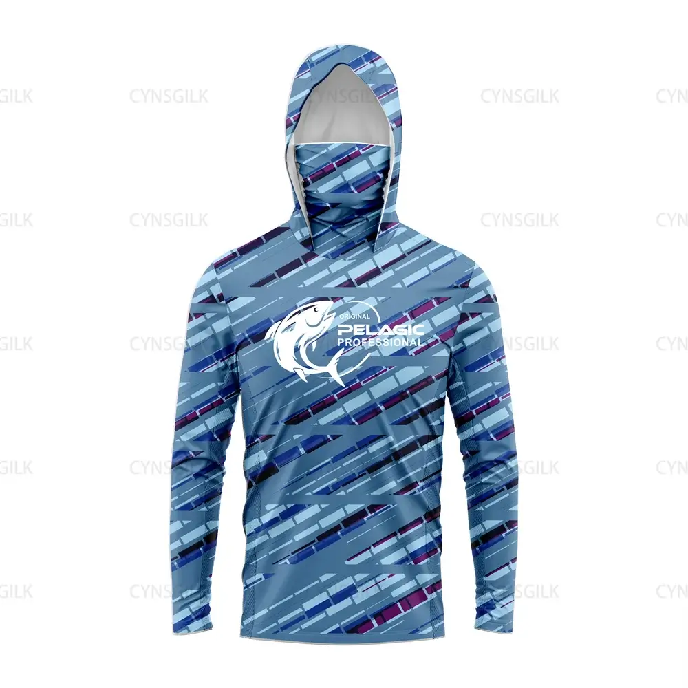 Original Pelagic Professional Men's Hooded Fishing Shirt in blue camo design, offering UV protection and long sleeve comfort.