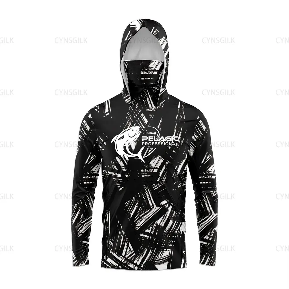Black and white long sleeve hooded fishing shirt by Pelagic Professional, offering UV protection for anglers.