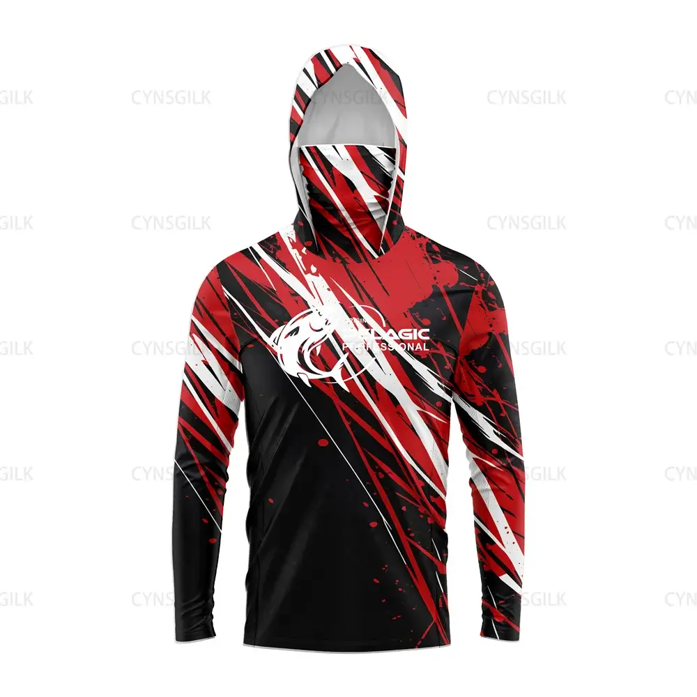 Original Pelagic Professional Men’s Hooded Fishing Shirt in red and black with UV protection and long sleeves.