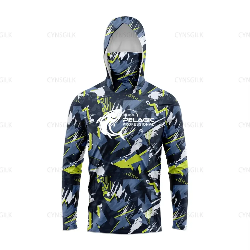 Men's Pelagic Professional Hooded Fishing Shirt in camo pattern for UV protection and comfort.