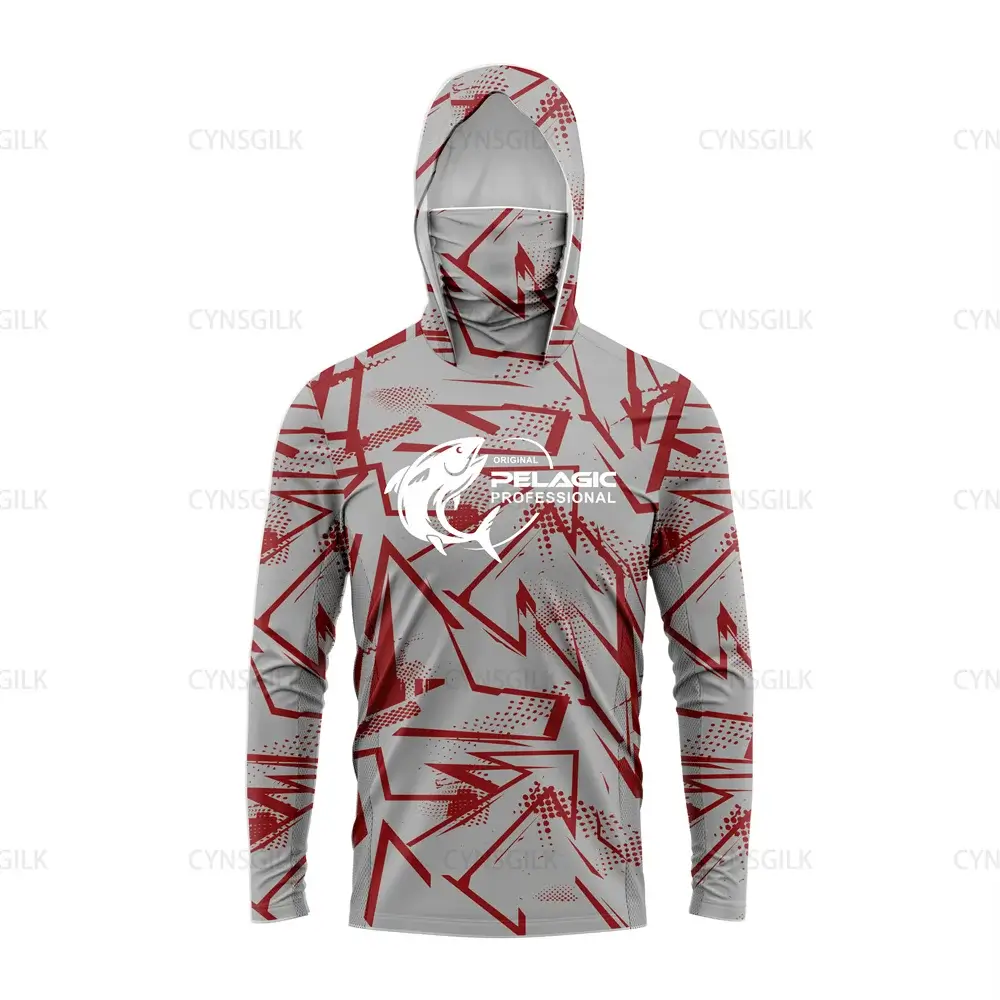Original Pelagic Professional Men’s Hooded Fishing Shirt in gray with red geometric pattern, UV protection and moisture-wicking.