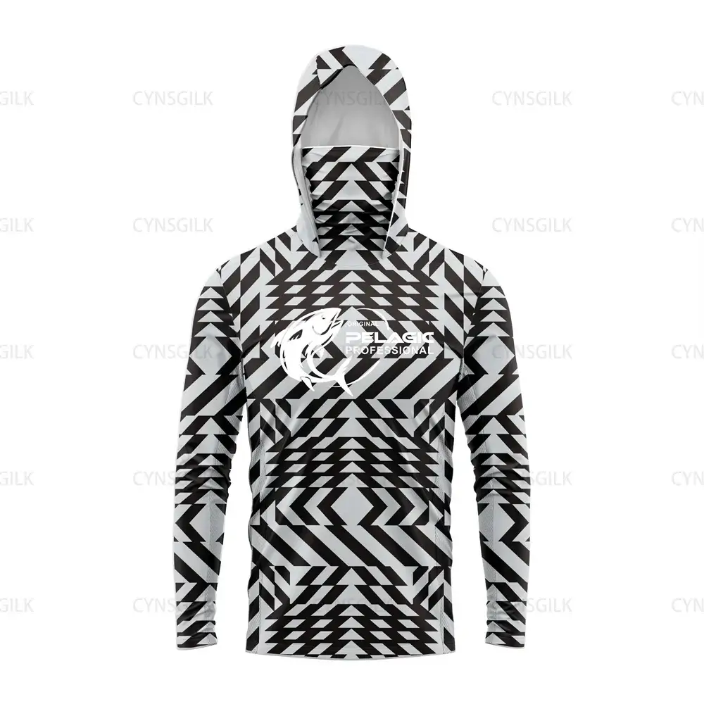 Original Pelagic Professional men's hooded fishing shirt with geometric pattern for UV protection and comfort.