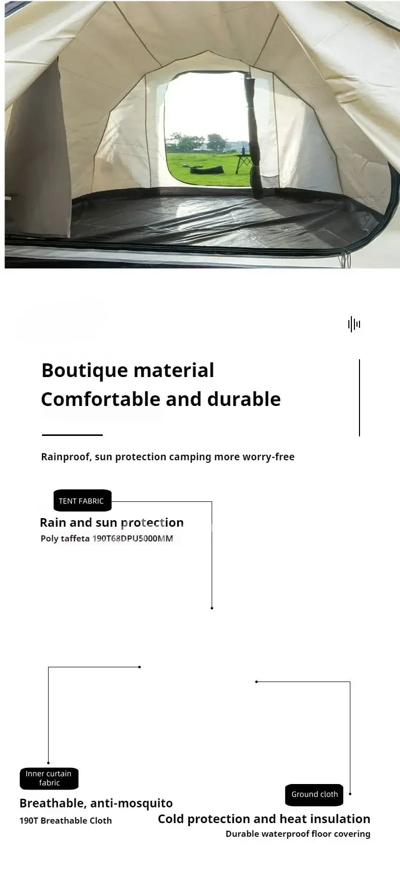 Interior view of a spacious outdoor camping tent highlighting breathable fabric and rainproof features.