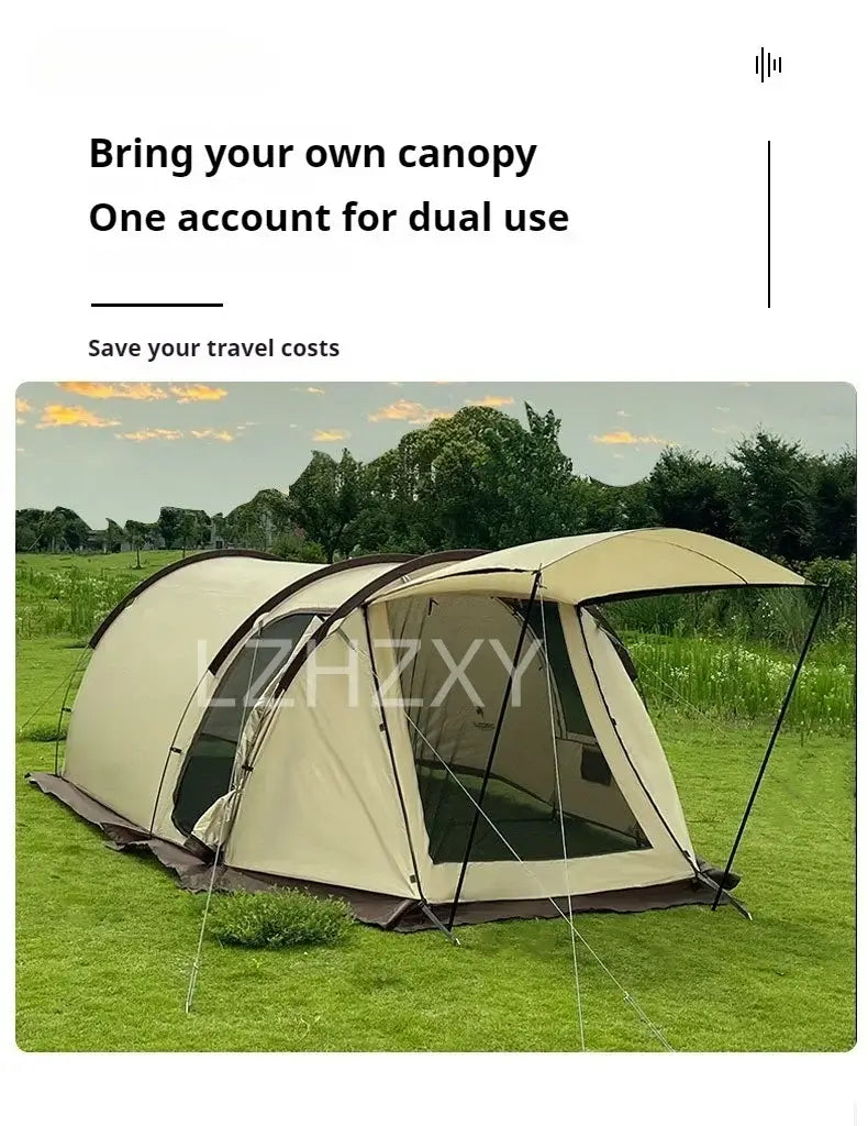 Outdoor tunnel tent with dual-use canopies for camping in grassy field, showcasing spacious design and easy setup.