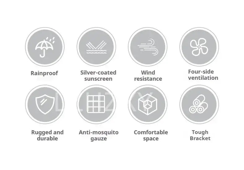 Icons representing features of outdoor camping tent: rainproof, wind resistant, anti-mosquito, durable, and four-sided ventilation.