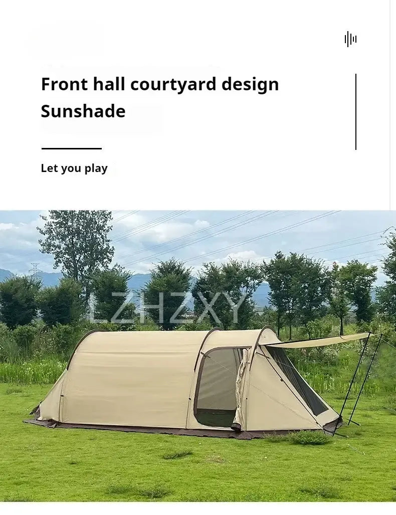 Beige tunnel tent with front hall design, ideal for outdoor sunshade, set in a green landscape.