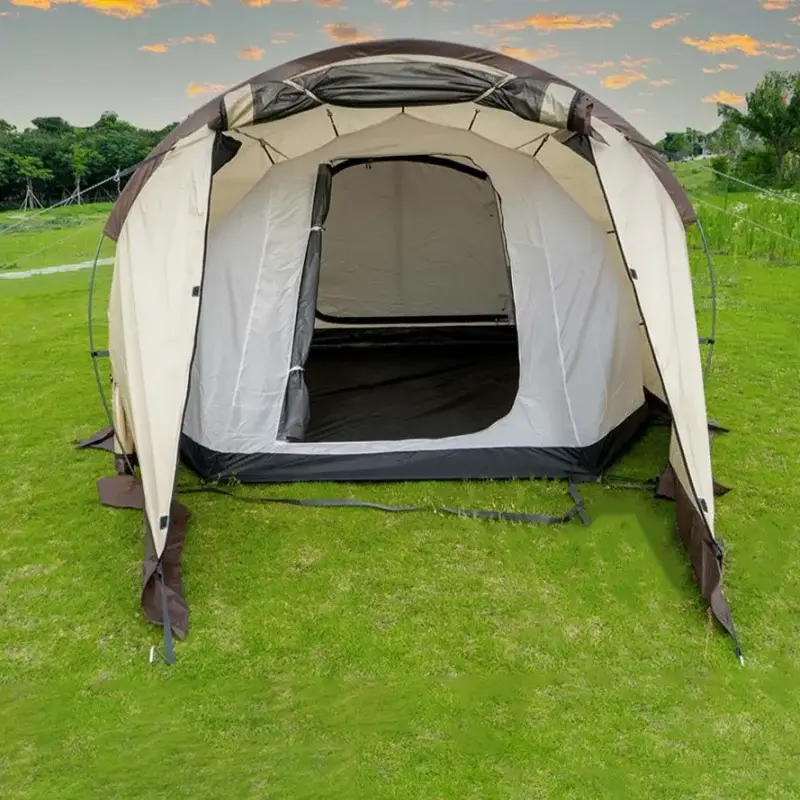 Outdoor camping tent with spacious design, ideal for 3-4 users, featuring a one-bedroom and one-living room layout.