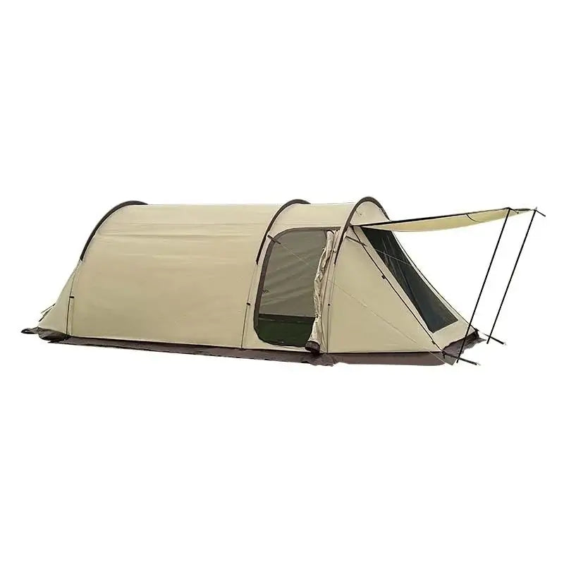 Beige outdoor camping tent featuring one bedroom and living room, windproof and rainproof design, ideal for 3-4 users.