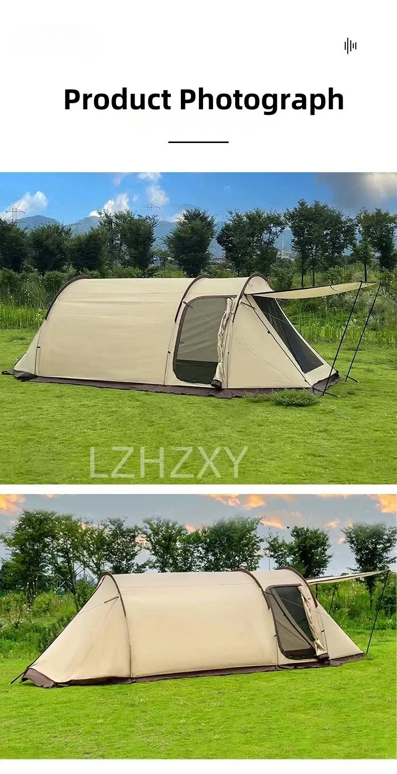 Outdoor camping tent in a grassy field, showcasing its spacious one-bedroom and living area design.