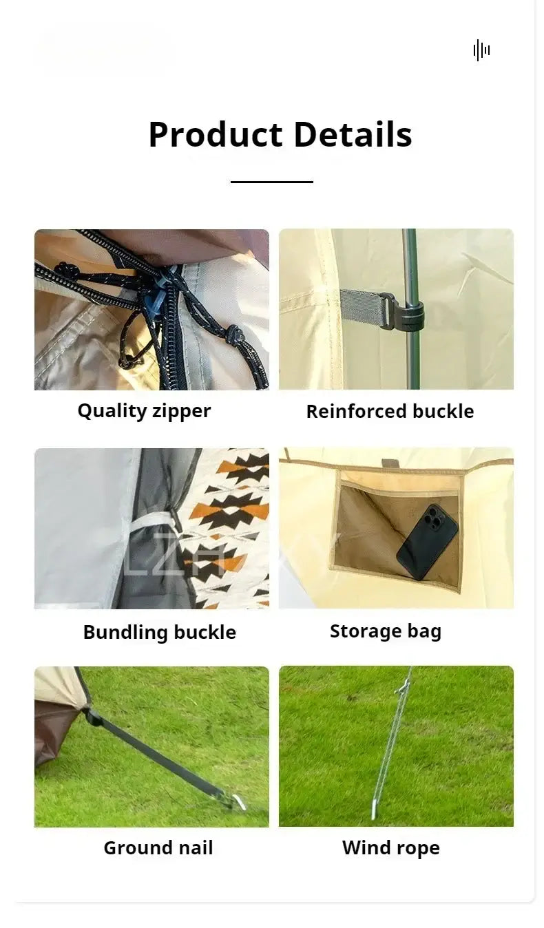 Close-up of outdoor camping tent features: quality zipper, reinforced buckle, bundling buckle, storage bag, ground nail, wind rope.
