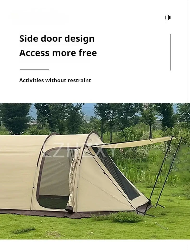 Outdoor camping tent with side door for easy access and unrestricted activities in nature.