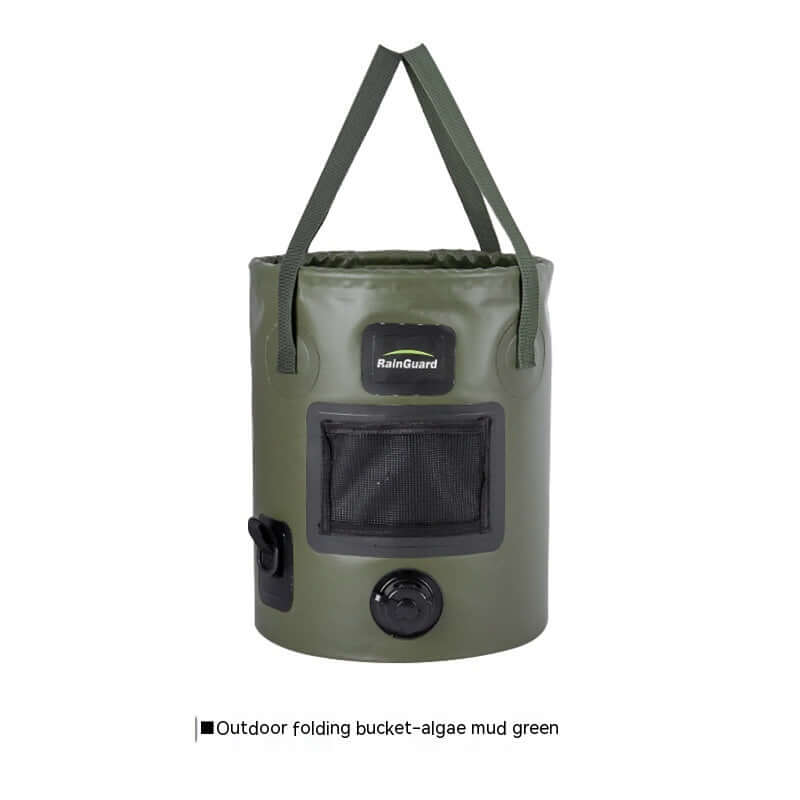 Outdoor portable folding fishing bucket in algae mud green with large capacity and built-in net pocket.