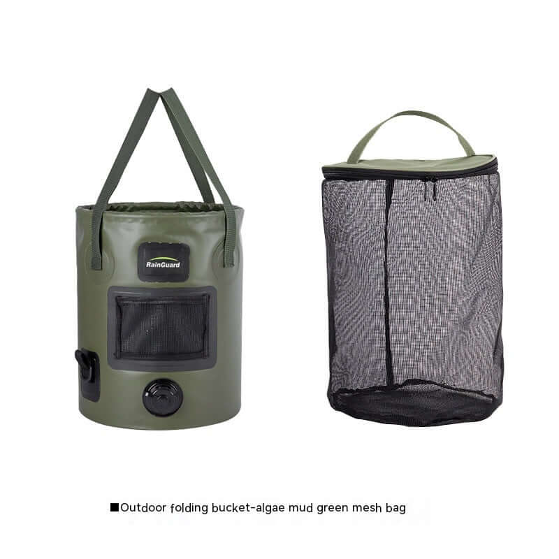 Outdoor portable folding fishing bucket in algae mud green with mesh bag for easy carrying.