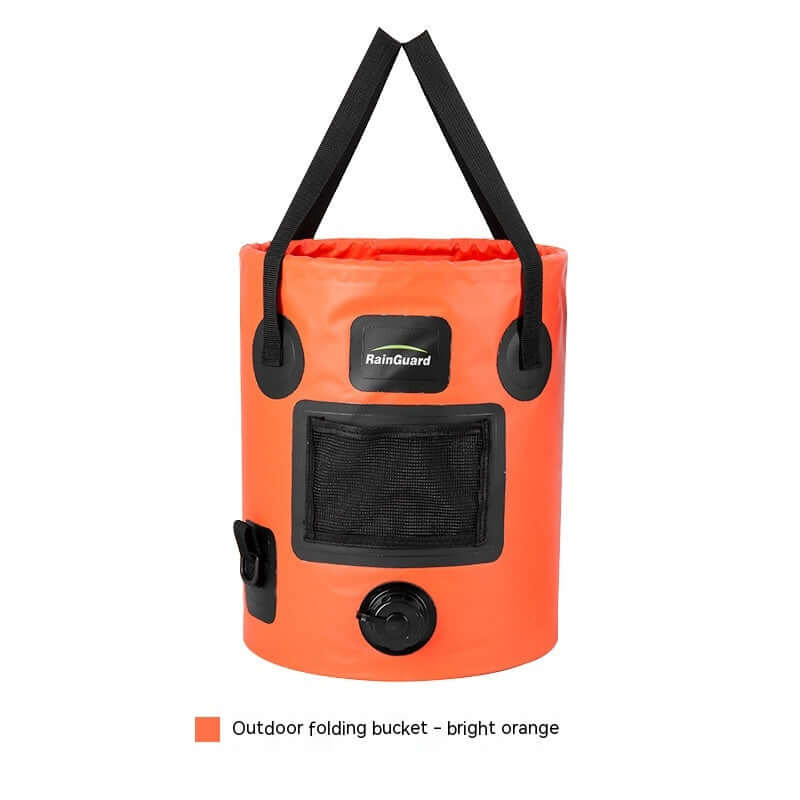 Outdoor portable folding fishing bucket in bright orange with mesh pocket and adjustable strap.