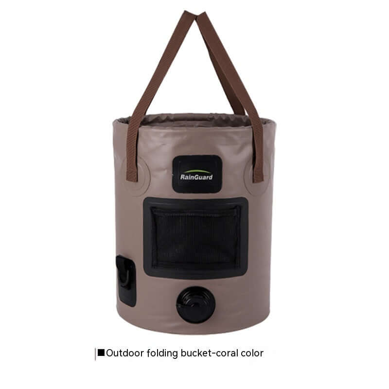 Outdoor portable folding fishing bucket in coral color with a handle and removable net pocket.