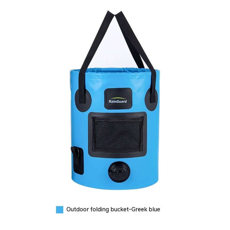 Outdoor portable folding fishing bucket in Greek blue with mesh pocket and sturdy handle, ideal for fishing adventures.