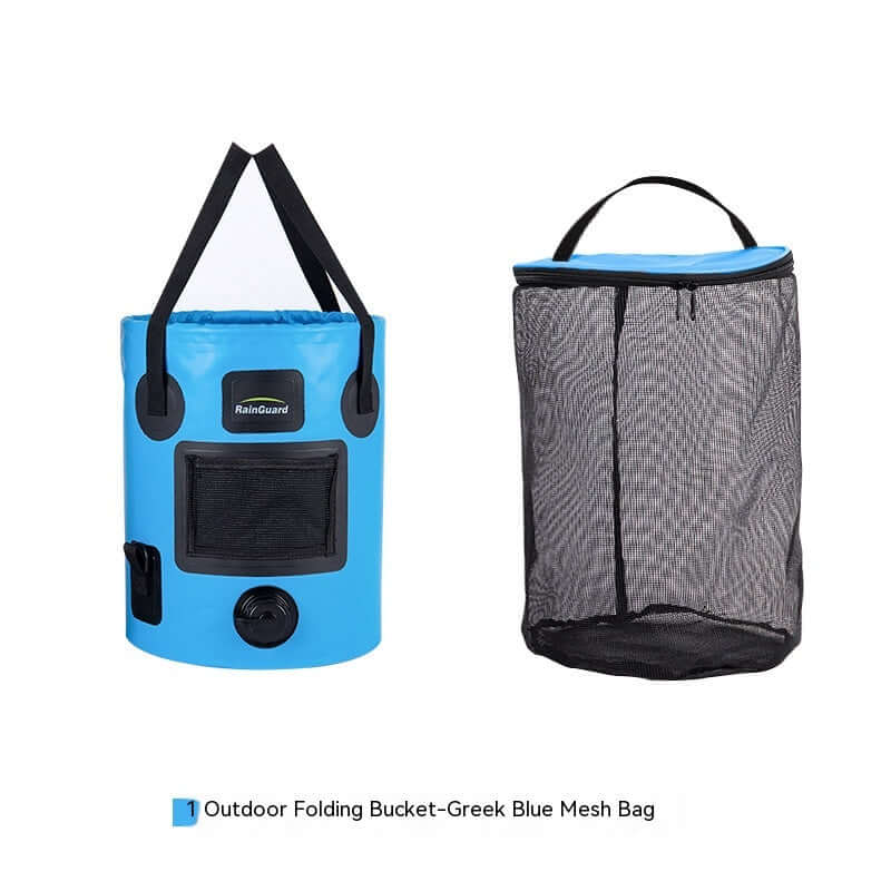 Outdoor portable folding fishing bucket in Greek Blue with mesh bag, ideal for fishing and outdoor activities.