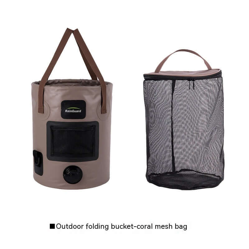 Outdoor portable folding bucket with coral mesh bag, perfect for fishing and outdoor activities.