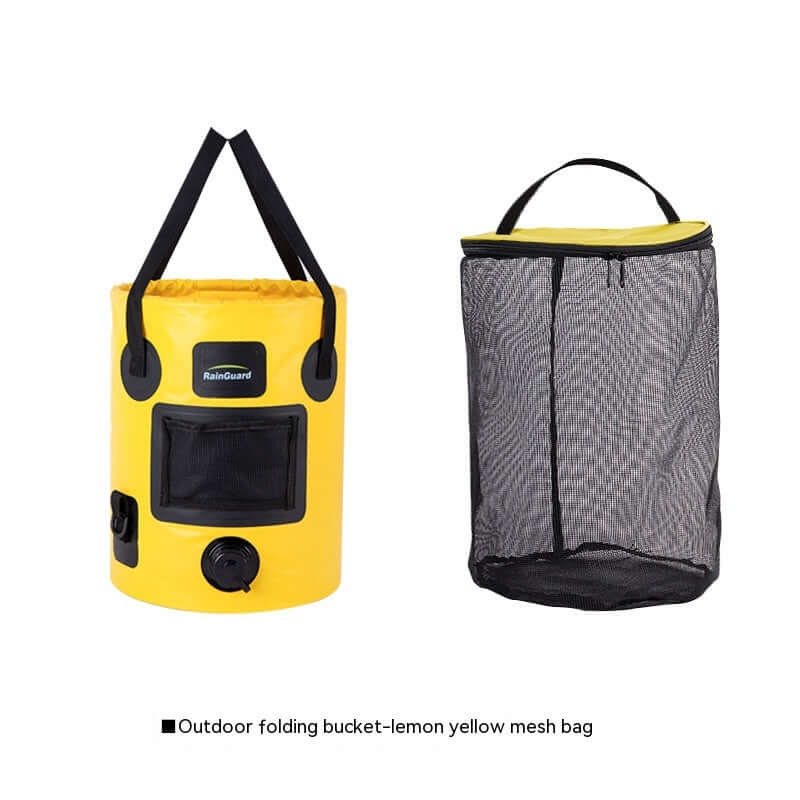 Outdoor portable folding fishing bucket in lemon yellow with mesh bag, perfect for fishing trips and outdoor activities.