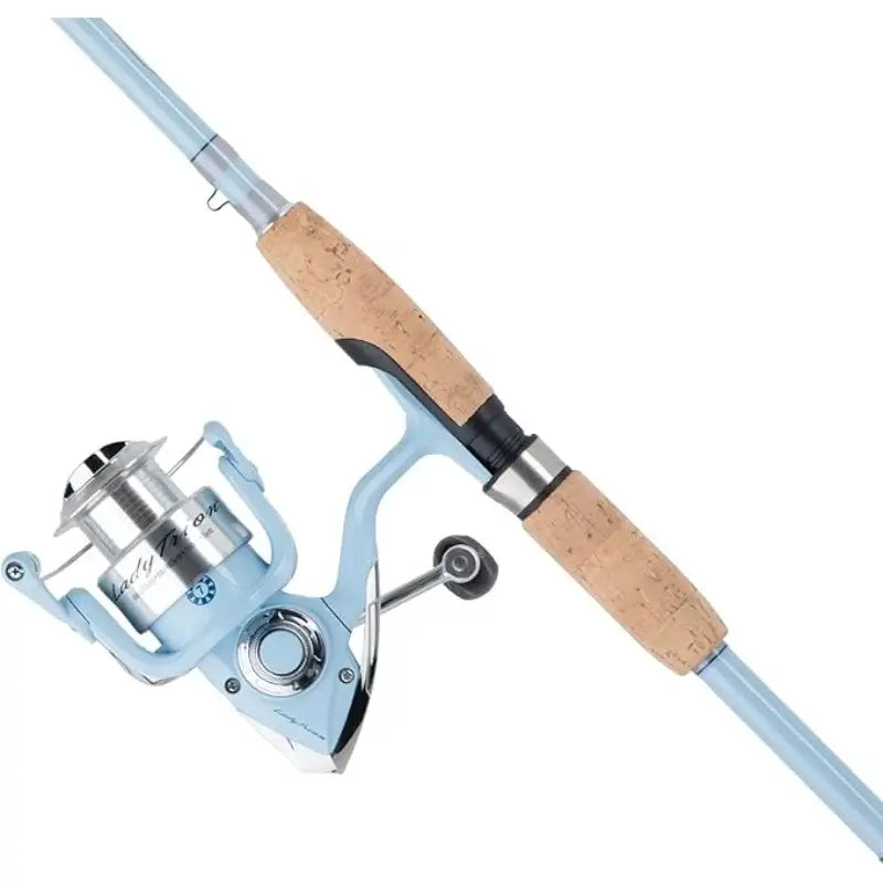 Pflueger Lady Trion spinning reel and fishing rod combo in light blue with cork handle, 6'6" medium action design.