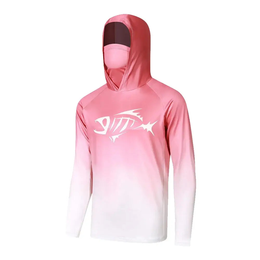 Men's pink fishing hoodie shirt with mask, UV protection, long sleeve, moisture-wicking fabric for outdoor comfort.
