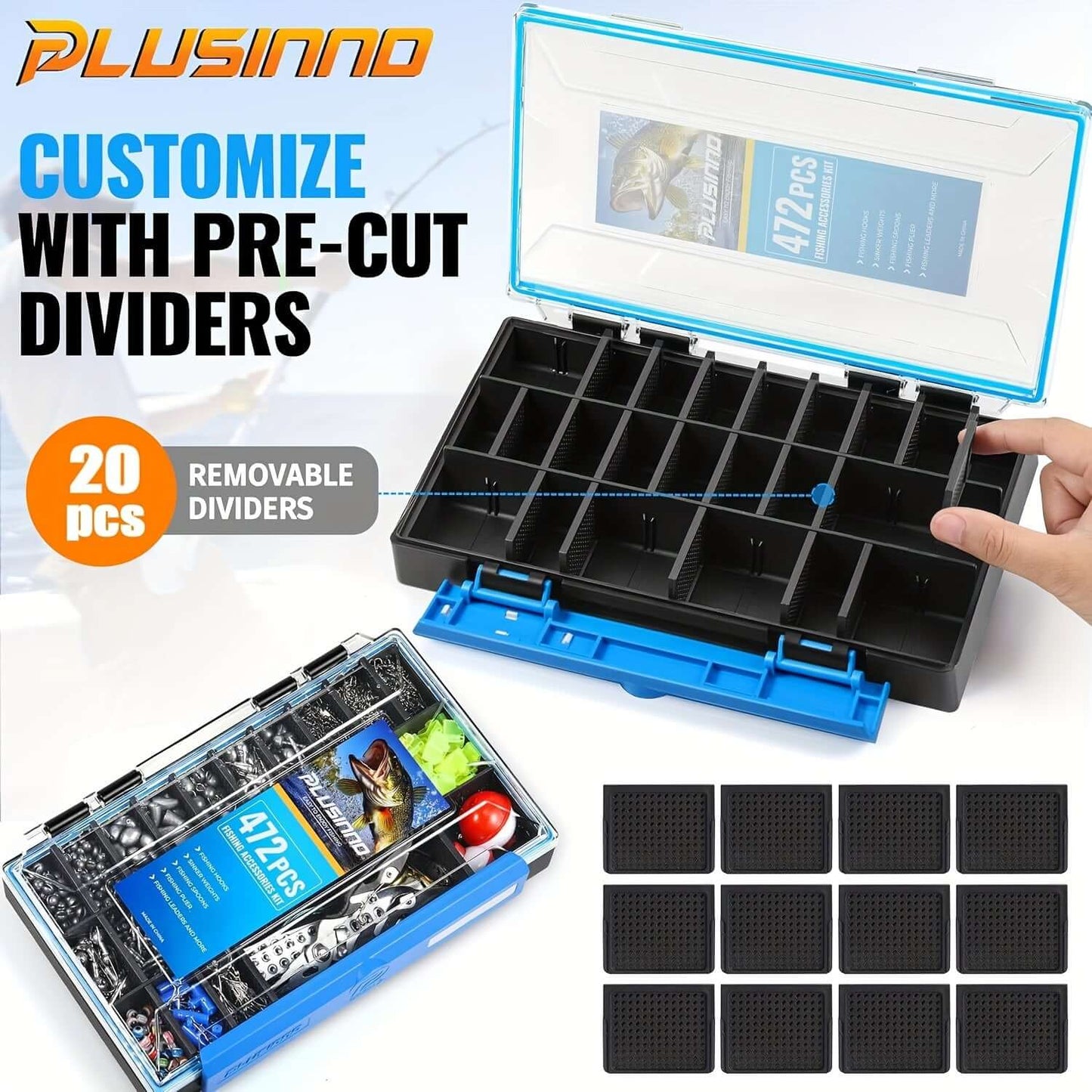 PLUSINNO waterproof fishing tackle box with customizable dividers for organizing 472 fishing accessories.