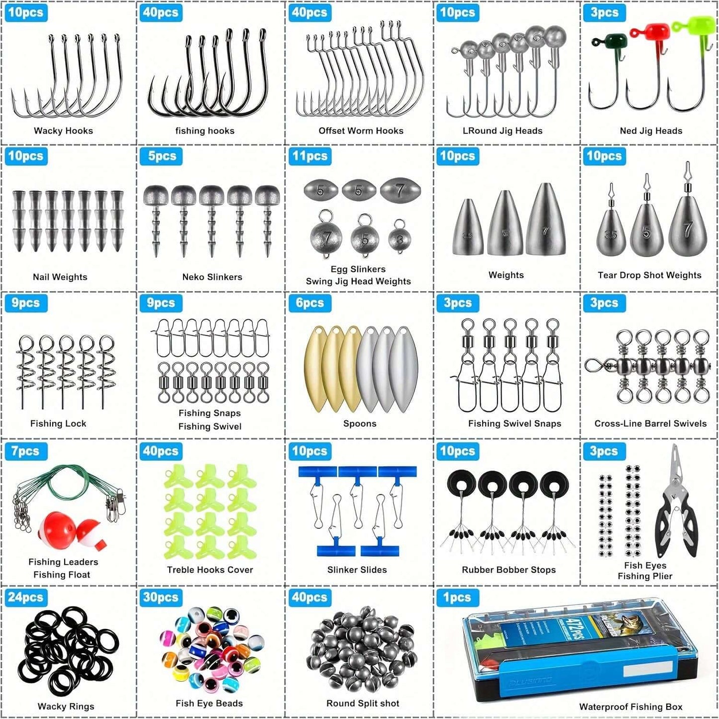 PLUSINNO 472pcs fishing tackle box with hooks, weights, pliers, and accessories for bass and trout fishing.