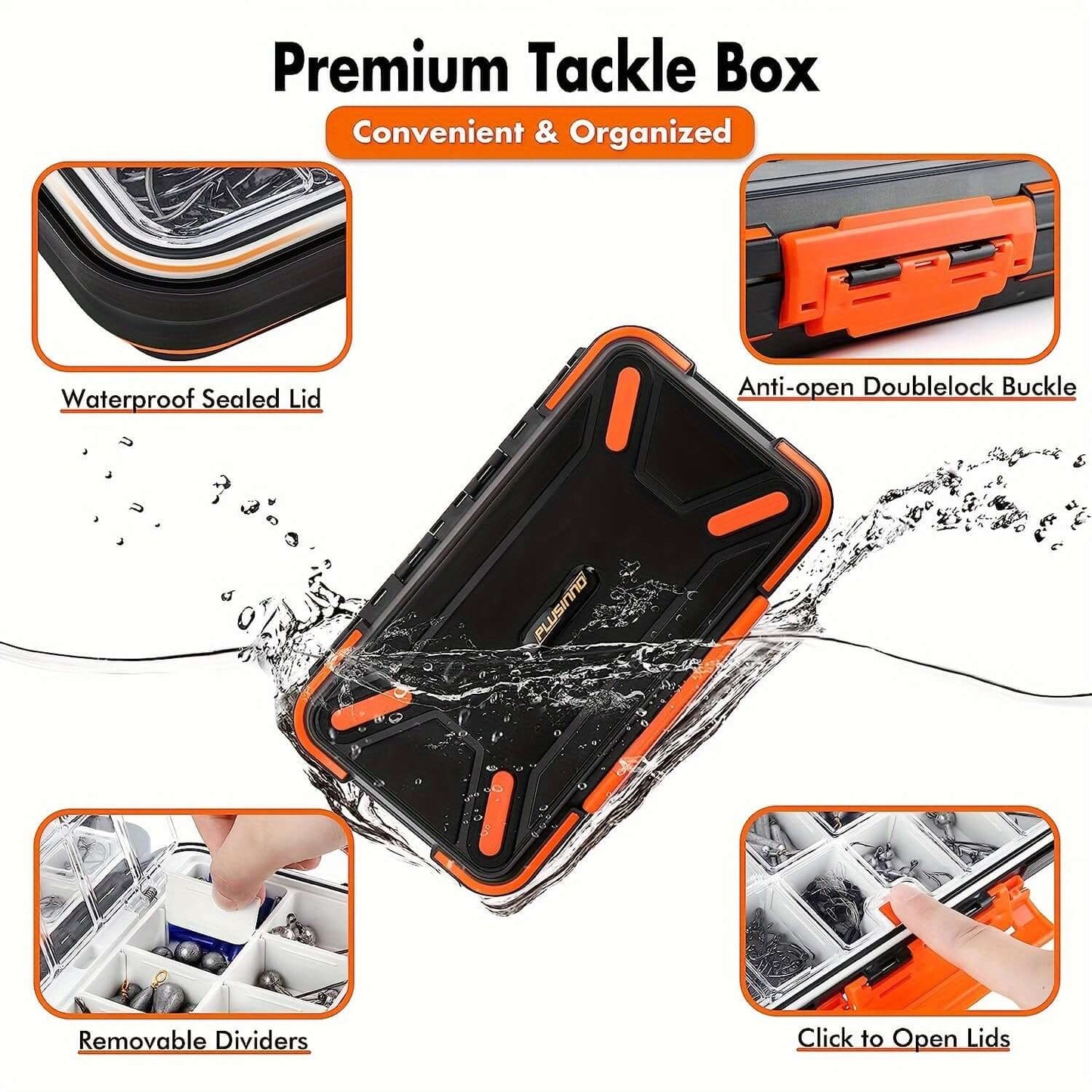 PLUSINNO premium tackle box with waterproof lid, removable dividers, and anti-open buckle for organized fishing gear.