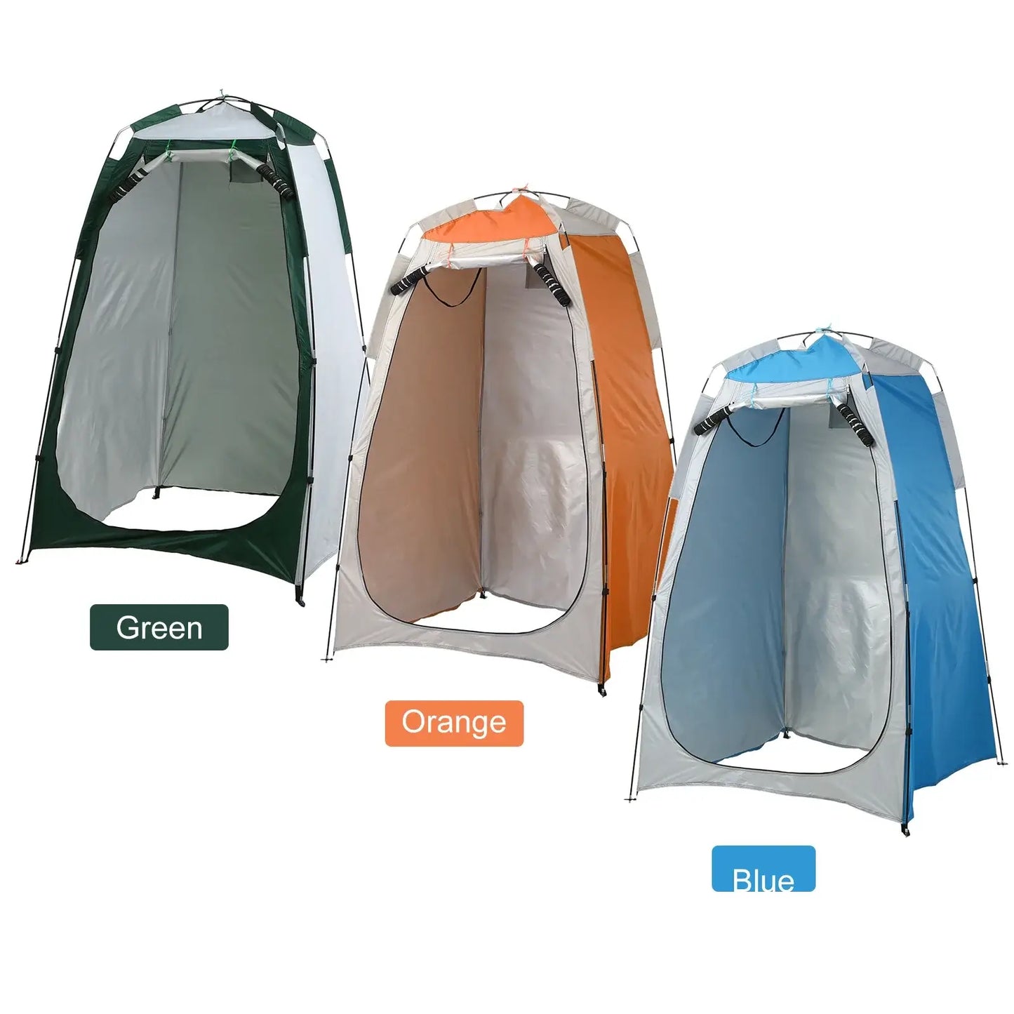 Portable beach shower toilet changing tents in green, orange, and blue for outdoor privacy and convenience.