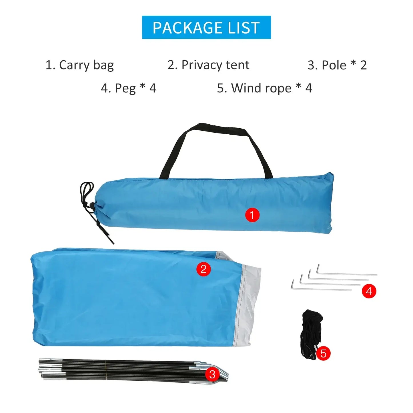 Package contents for portable beach shower tent: carry bag, privacy tent, poles, pegs, and wind ropes laid out.