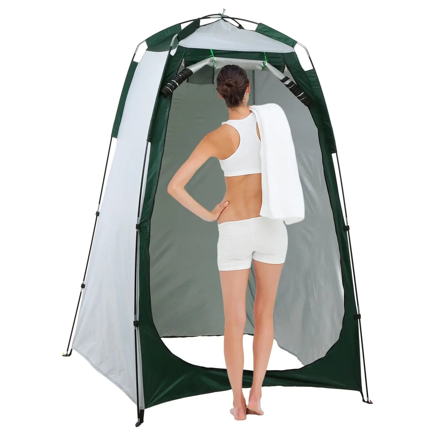 Woman using portable beach shower tent with privacy window, perfect for camping and outdoor activities.