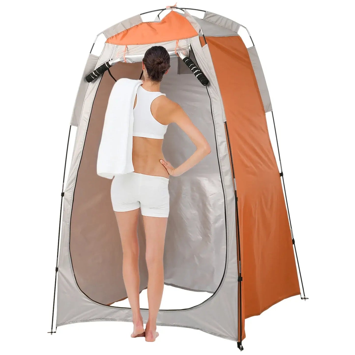 Woman using portable beach shower changing tent with window, ideal for outdoor privacy and convenience.