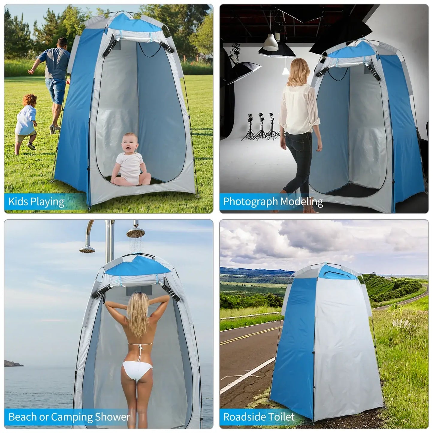 Portable beach shower and changing tent for outdoor use, featuring activities like kids playing and modeling.