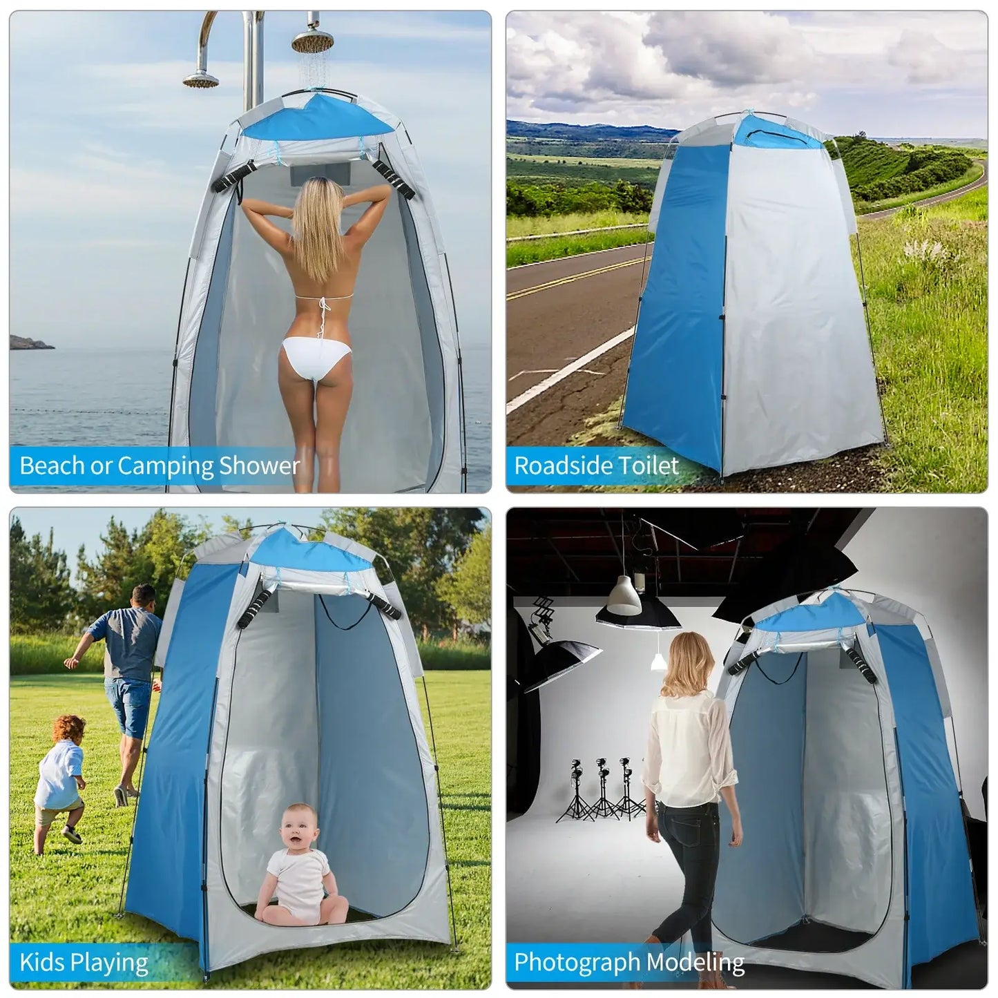 Portable beach shower and toilet changing tent for outdoor use, featuring privacy, ventilation, and easy setup.