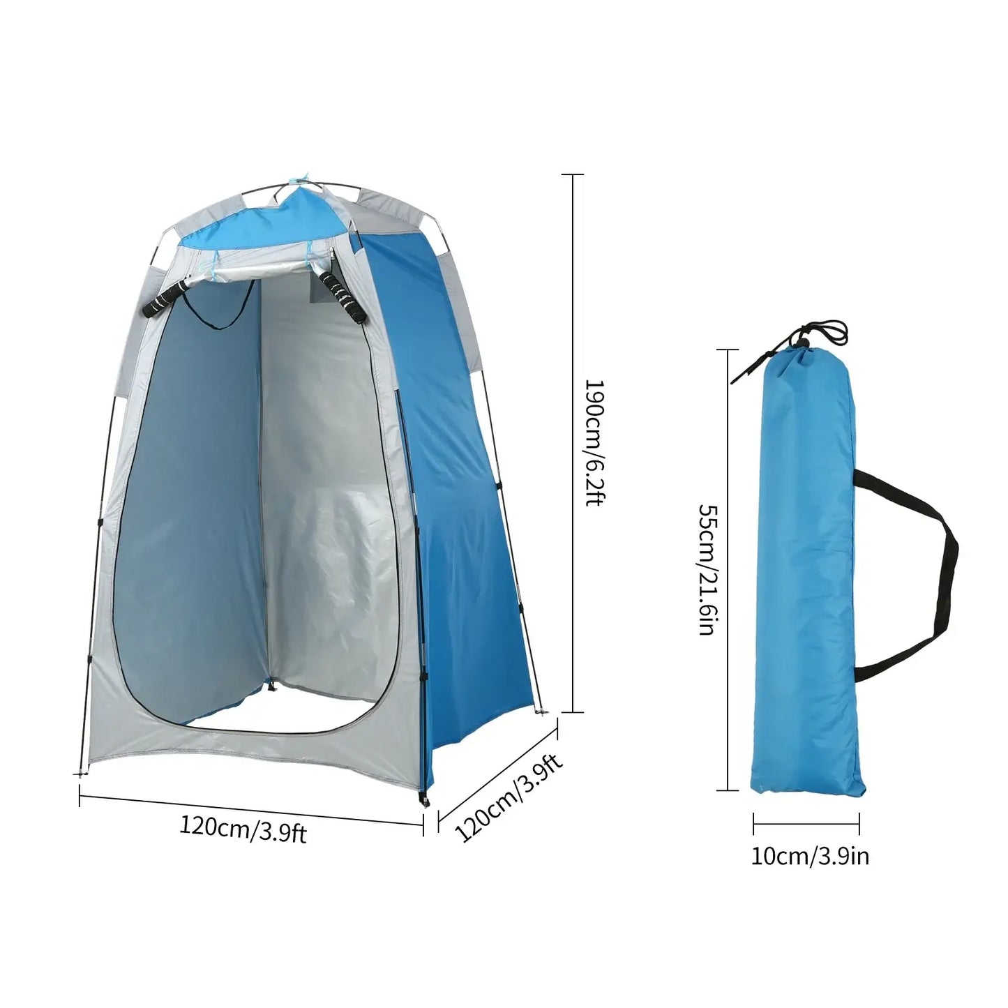 Portable beach shower toilet changing tent dimensions 120x120x190cm with carry bag for camping and outdoor privacy.