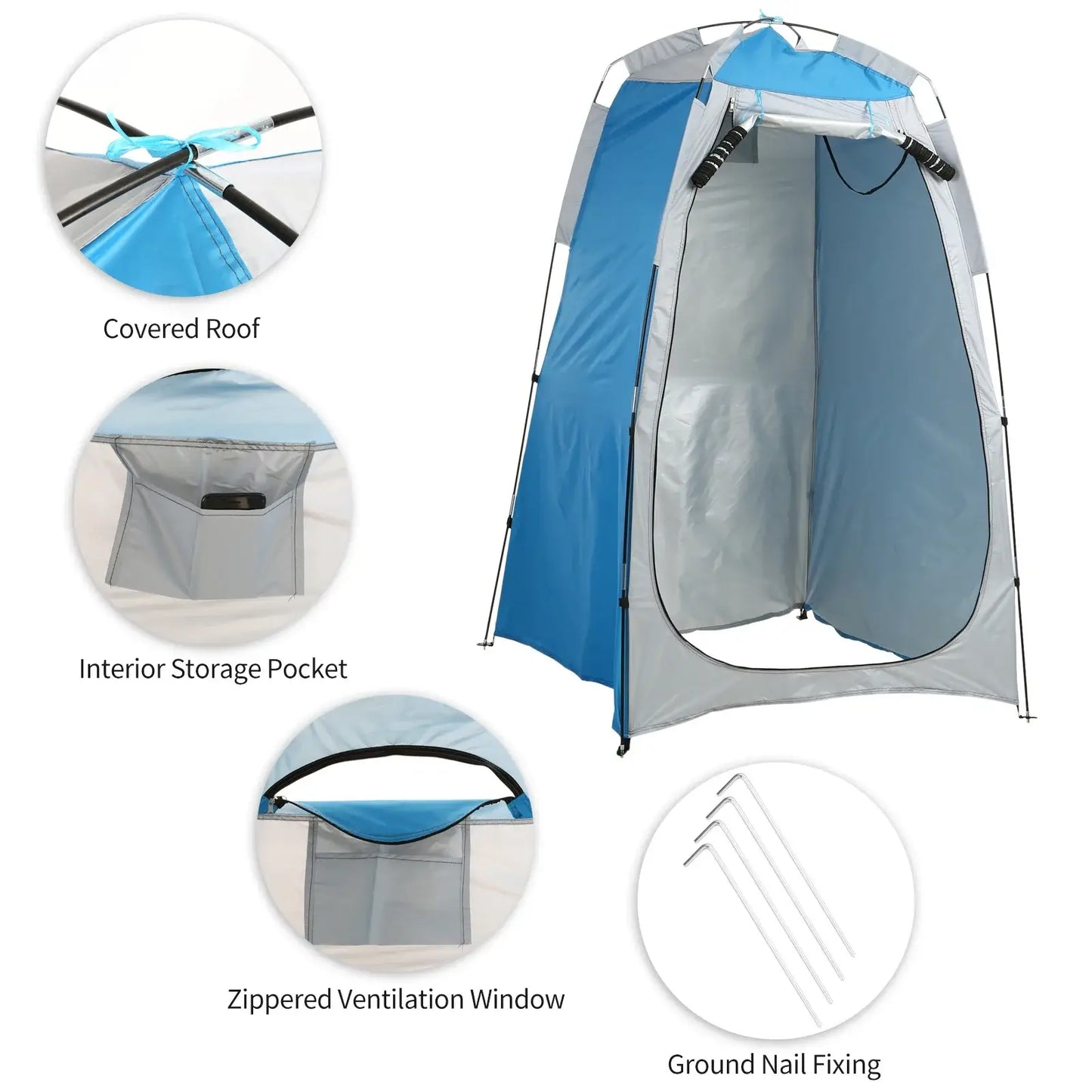 Portable beach shower tent with zippered window, interior pocket, and covered roof for outdoor privacy.
