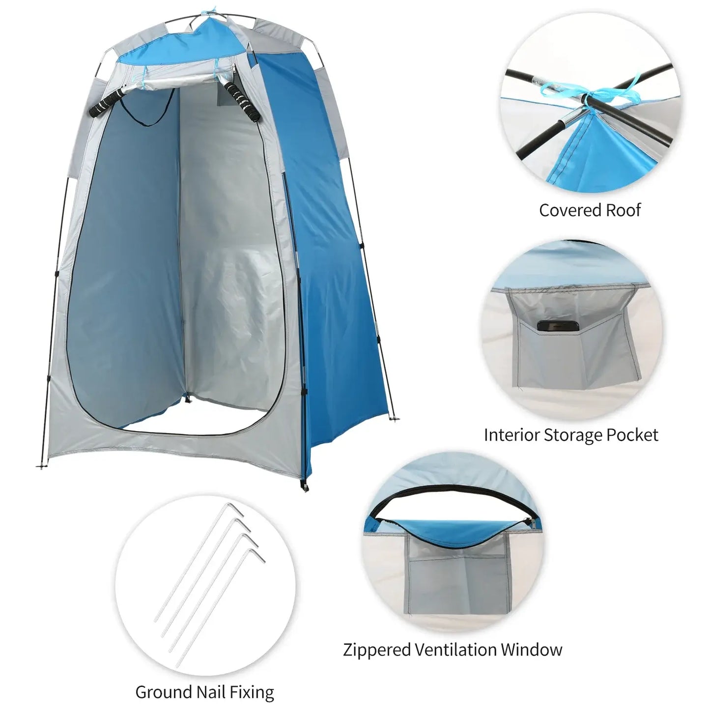 Portable beach shower toilet tent with covered roof, ventilation window, and interior pocket for outdoor privacy.