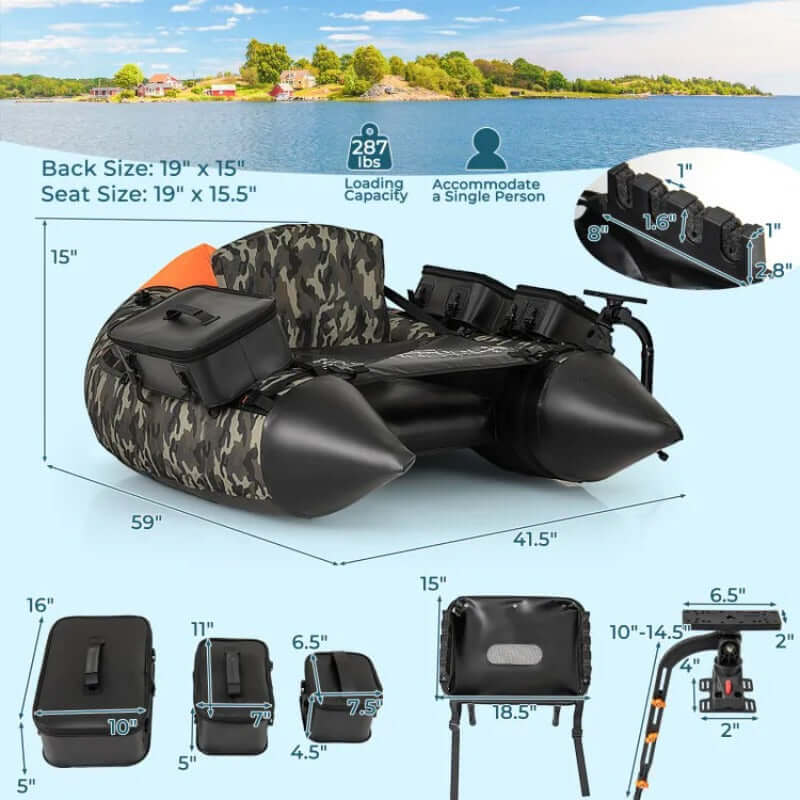 Portable fishing boat with detachable storage boxes, featuring seating and storage dimensions for easy organization.