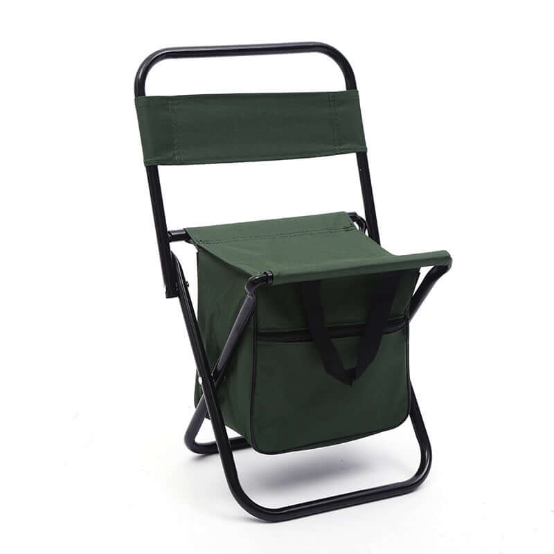 Portable folding chair with backrest and ice pack holder, ideal for camping and fishing.