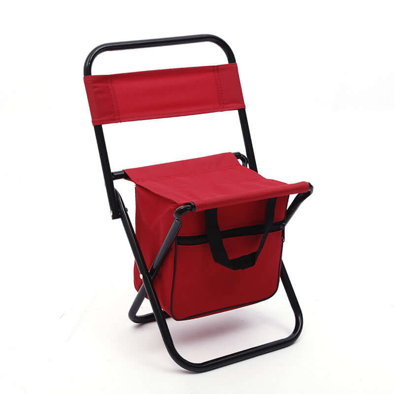 Red portable folding chair with backrest and insulated ice pack holder, perfect for fishing and camping.