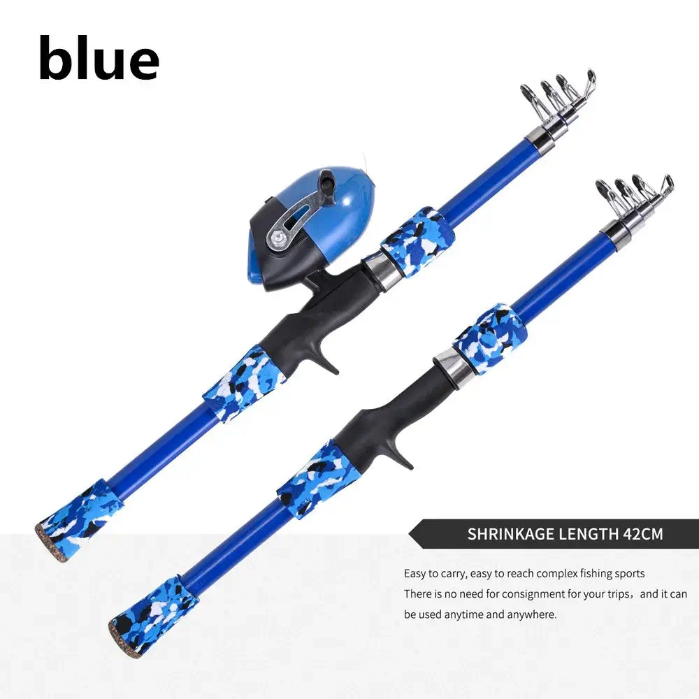 Portable telescopic camouflage fishing rod in blue, ideal for outdoor fishing with easy carrying features.