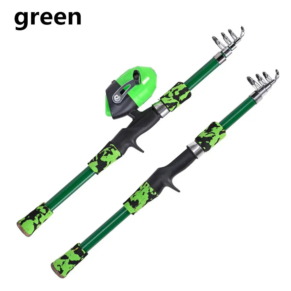 Portable telescopic camouflage children's fishing rod in green, perfect for outdoor fishing adventures.