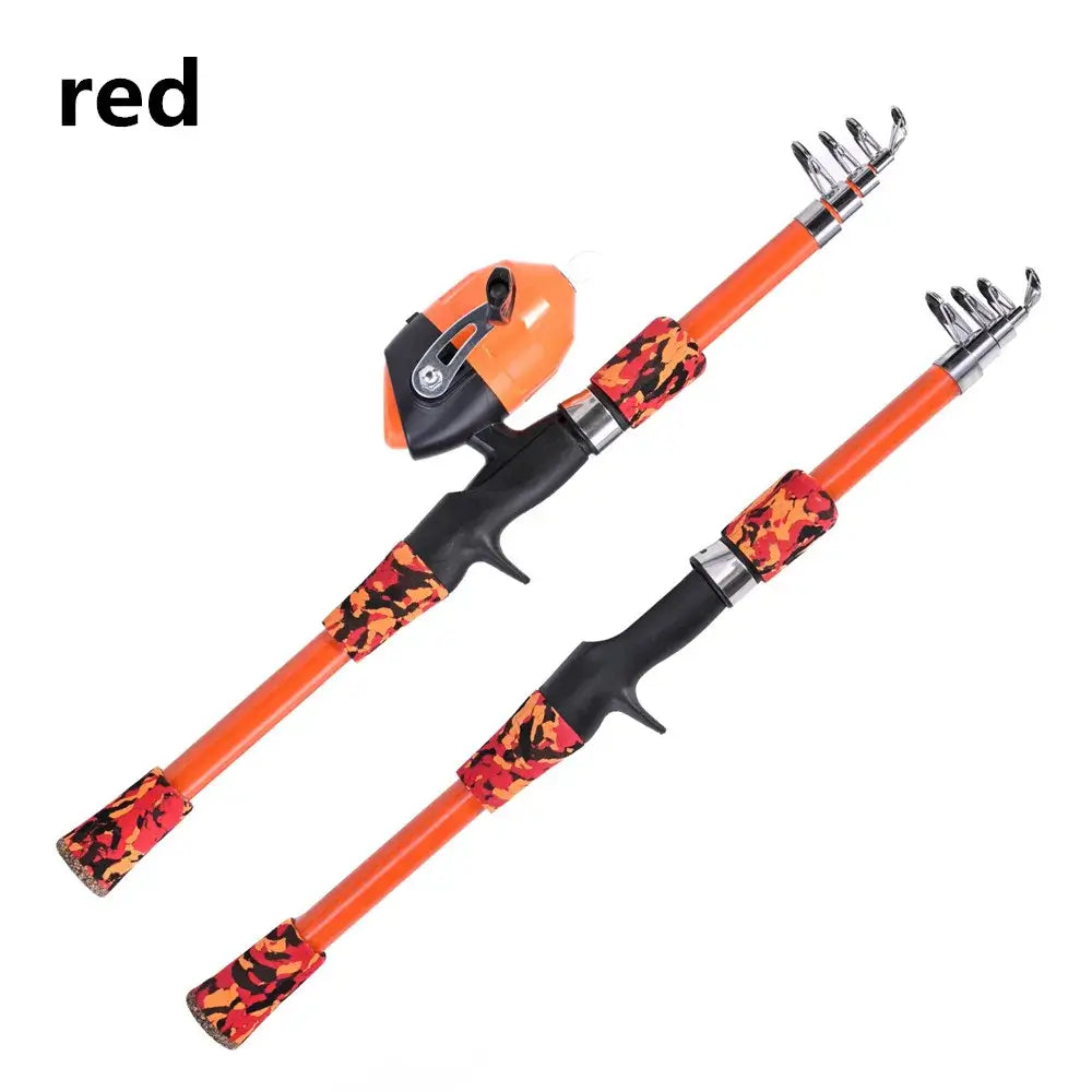Portable telescopic camouflage children's fishing rod in orange, designed for outdoor fishing activities and tools.