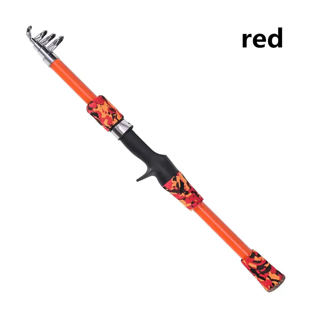 Portable telescopic fishing rod in red and orange camouflage, ideal for outdoor fishing adventures.